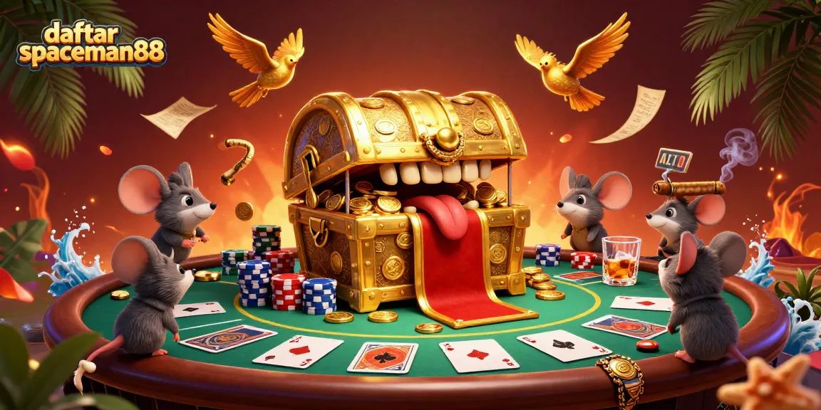Experience winning thrills at daftar spaceman88 with a vibrant 3D cartoon treasure chest illustration, capturing the excitement of gaming.