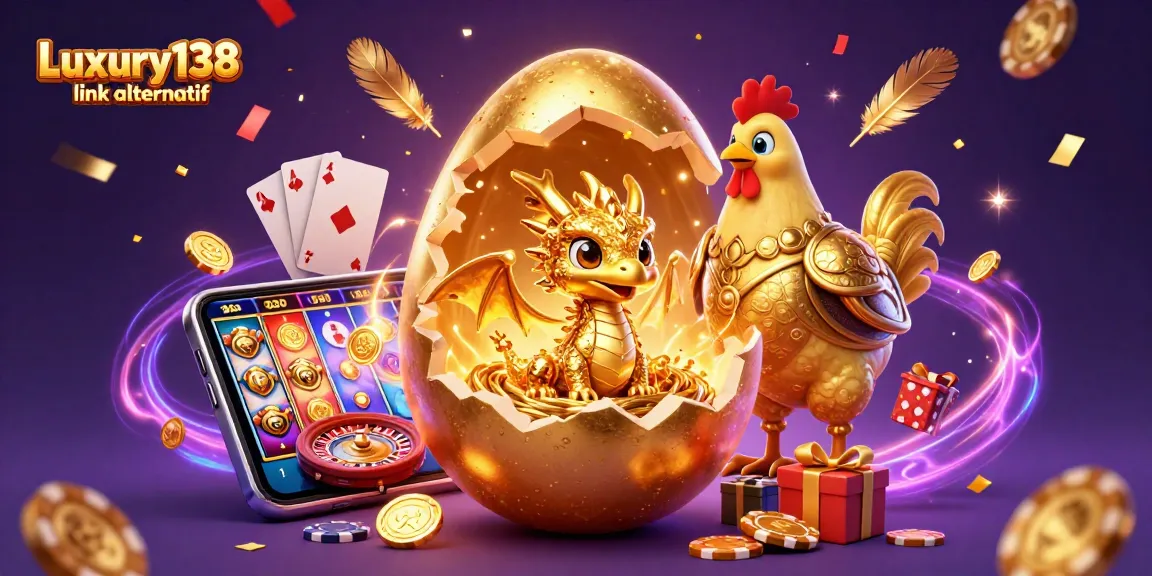 Play slots and win big with Luxury138 link alternatif featuring a golden dragon and poker chips.