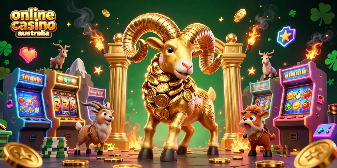 Engage in online casino Australia gameplay with golden ram charging through a vibrant slots scene.