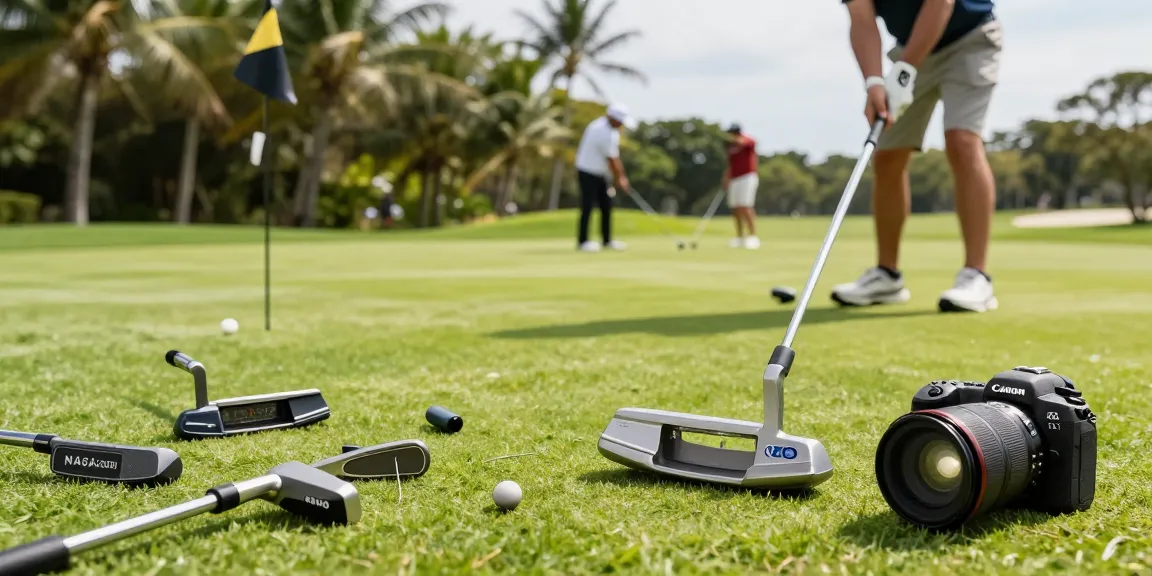 Ulasan putter terbaru di https://puttperfection.com/putter-reviews dengan pegolf di lapangan hijau, menampilkan berbagai putter.