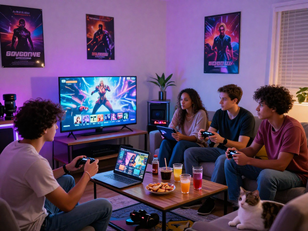 Friends enjoying sex games together in an inviting gaming room, colorful LED lights enhancing the atmosphere.