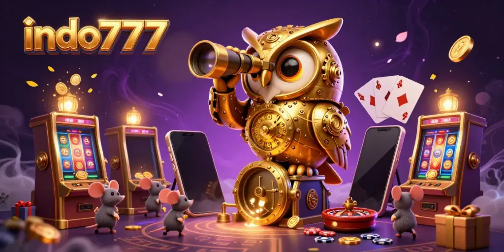 Gali kesenangan slot di indo777, dengan burung hantu emas memantau permainan penuh keceriaan.