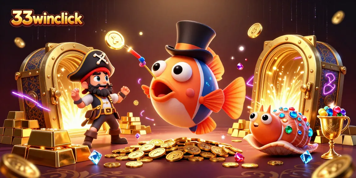 33winclick's vibrant 3D illustration showcasing winning moments from casino games with rich graphics.