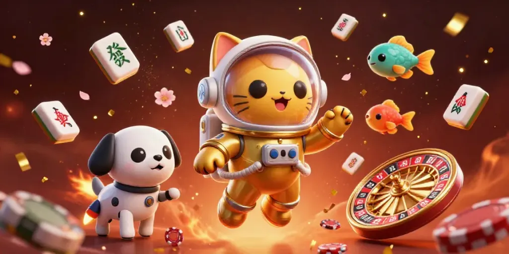 Experience soxo66 with a vibrant 3D illustration of an astronaut cat and robot dog amidst dynamic gambling elements.