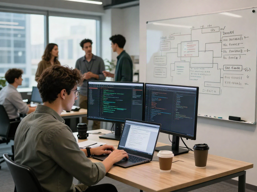 Document fraud detection software being developed in a modern office with engineers collaborating on a laptop.