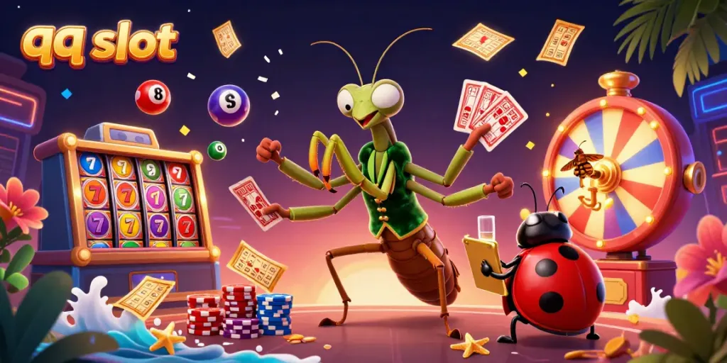 Experience the excitement of qq slot with a dynamic casino scene featuring a giant mantis and ladybug characters.