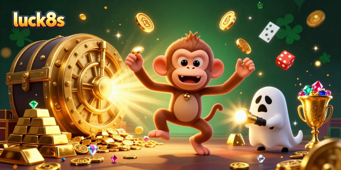 Experience luck8s with a thrilling 3D illustration of a playful poltergeist monkey juggling in a haunted casino.