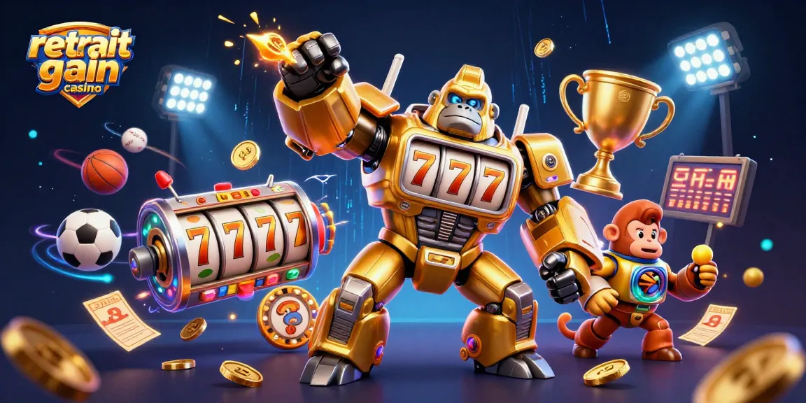 Illustration dynamique sur le retrait gain casino avec un gorille en or transformateur et des éléments de jeu captivants.