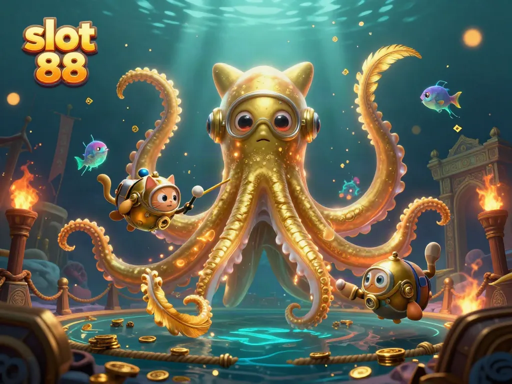 Experience slot 88 excitement with a kraken, diving cat, and glowing fish in a treasure scene
