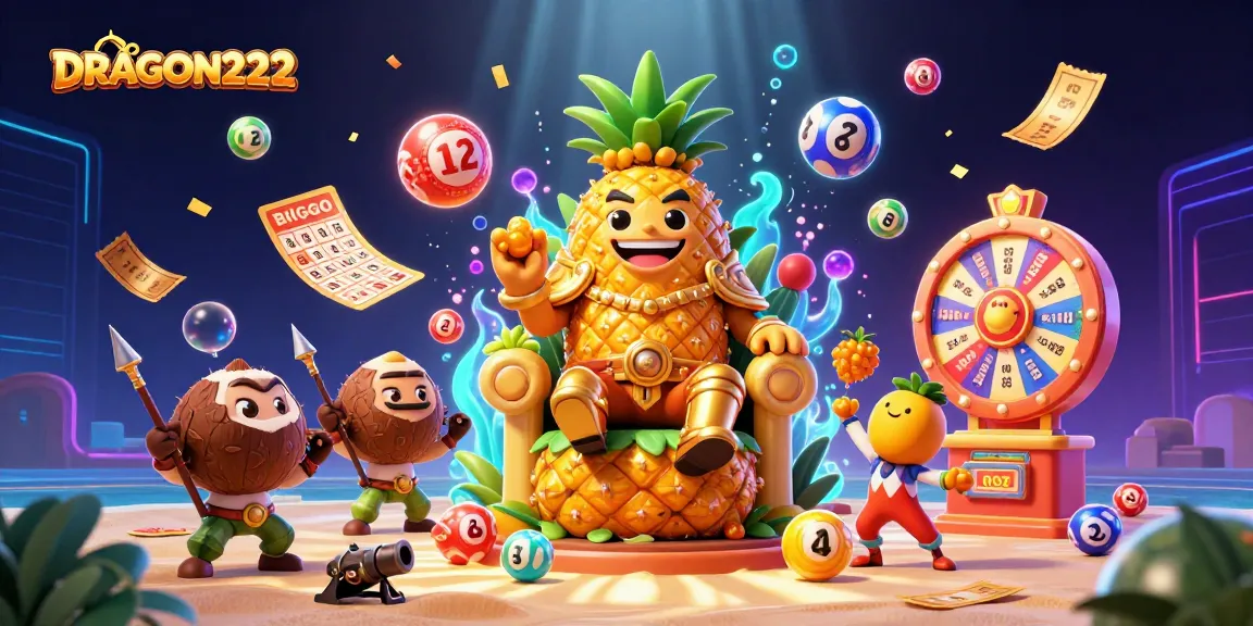Engage with DRAGON222's vibrant online gaming world featuring colorful lottery balls and a playful 3D pineapple king.