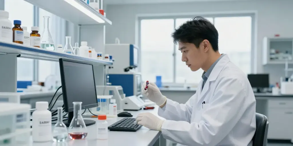 Scientist in a lab researching Swiss Chems peptides with advanced equipment