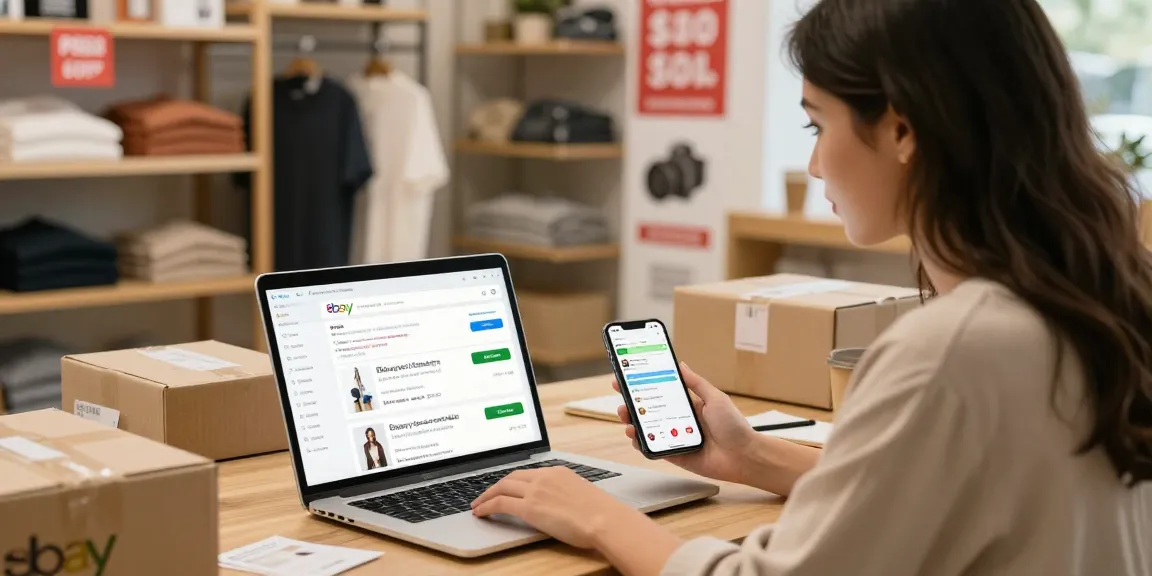 Buy eBay accounts securely online with a professional shopper in a modern retail setup.