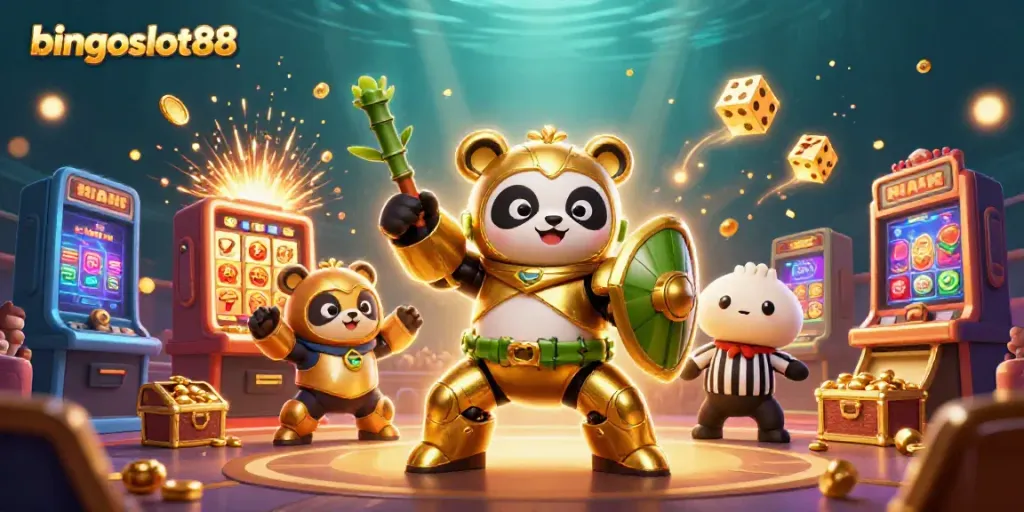 Grafik bingoslot88 dengan Panda emas pilot robot, memicu jackpot seru di arena.