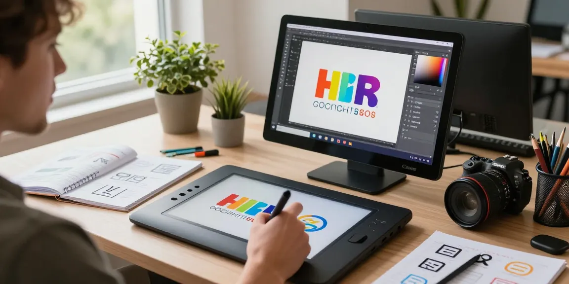 Grafik freelancer przy pracy nad projektem logo, stylowy wystrój biura.
