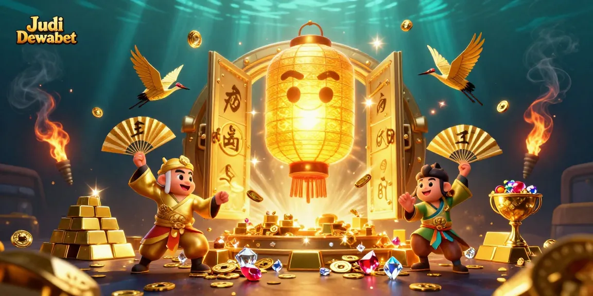 Play casino games with Judi Dewabet's vibrant, gold-filled 3D illustration showcasing luck and wealth.