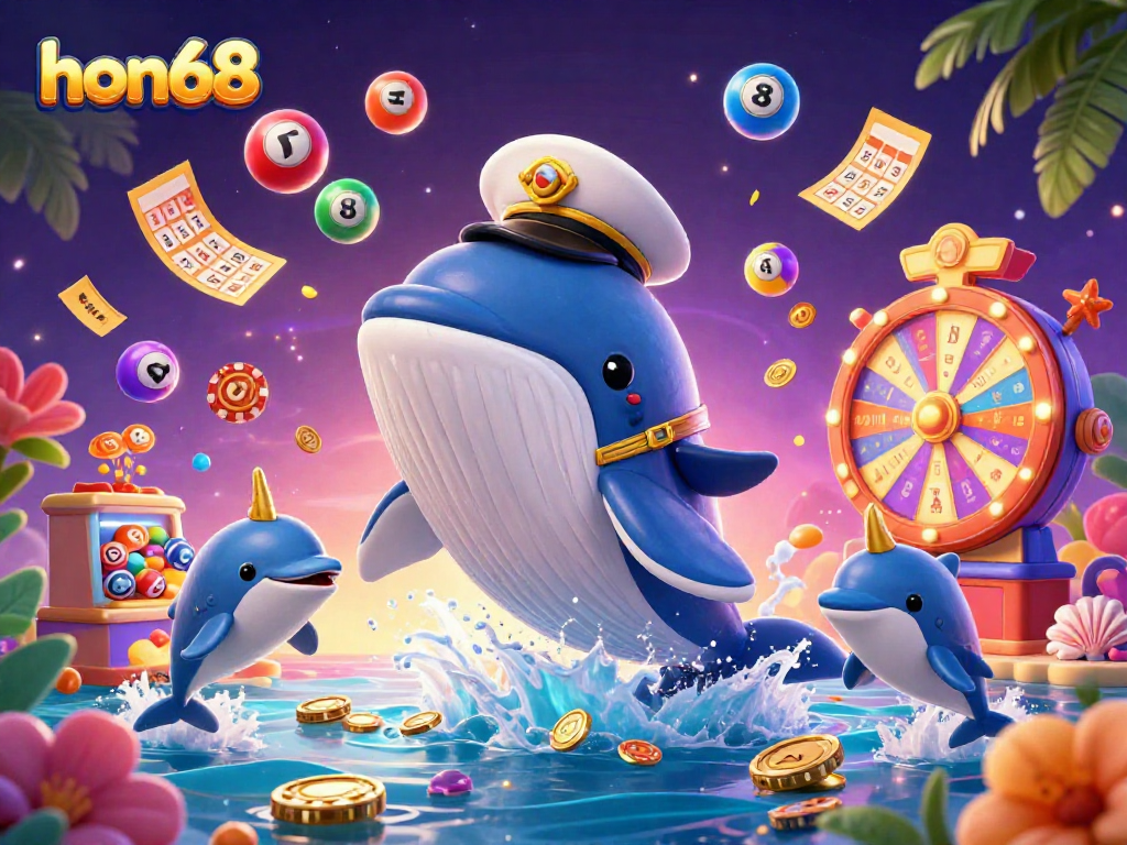 Engage with hon68's vibrant gaming world featuring a whale, narwhal, and dolphins amidst casino elements.