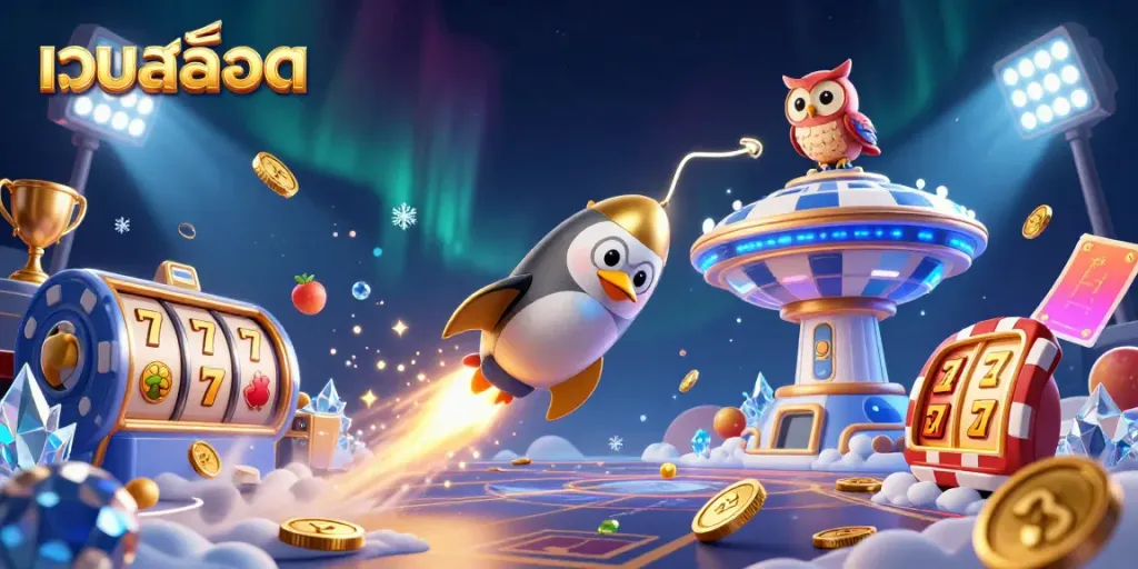 Experience the excitement of เว็บสล็อต with a golden penguin blasting through space toward a cosmic casino!