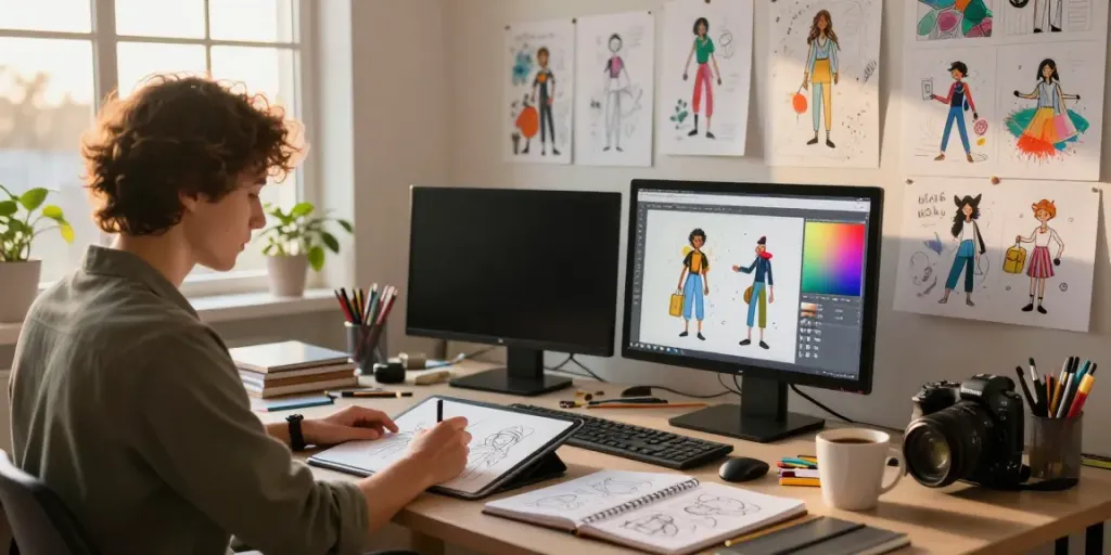 Illustrator working in an artist studio using a consistent character generator for character design.