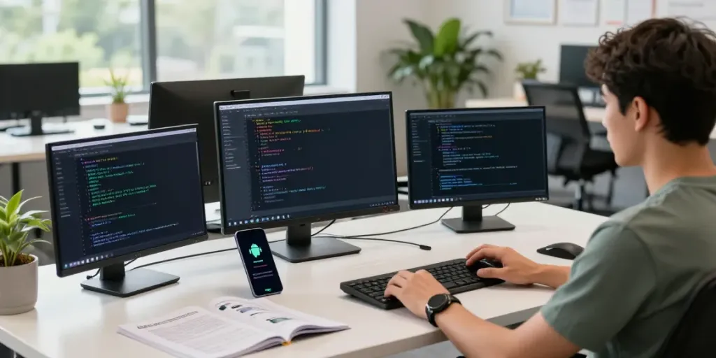 Developer working on h5.2113.net open-source Android apps in a modern workspace.
