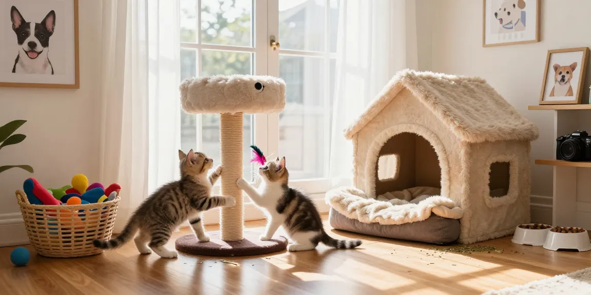 Playful kittens enjoying their NAGA2000 home environment with cozy toys and bright sunlight.