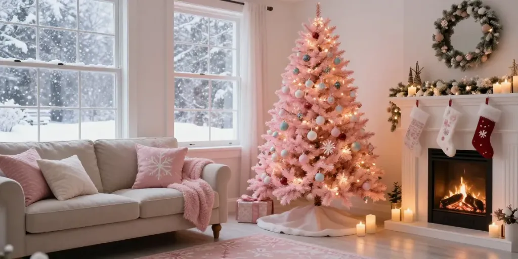 Elegant pink Christmas tree glowing with lights, cozy holiday decor