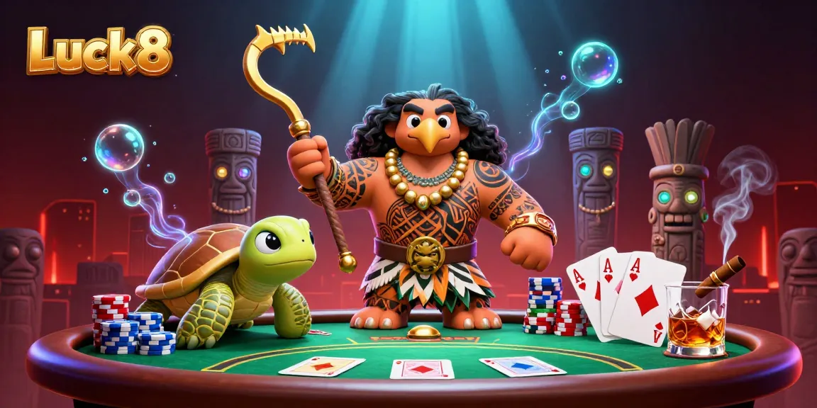 Experience the excitement of Luck8 with vibrant poker action and captivating 3D characters in a casino setting.