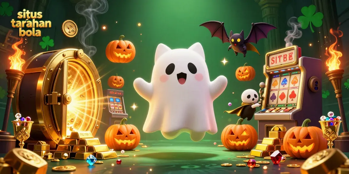 Experience situs taruhan bola excitement with our vibrant haunted casino scene featuring playful characters.