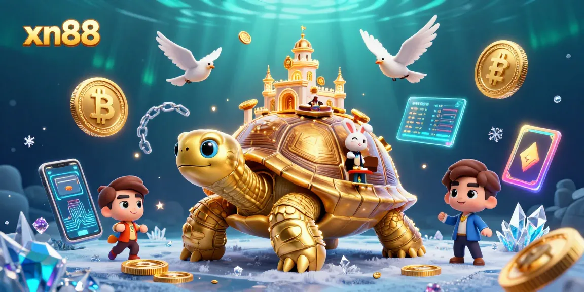 Bet on xn88 with a giant tortoise casino scene full of animated crypto elements.