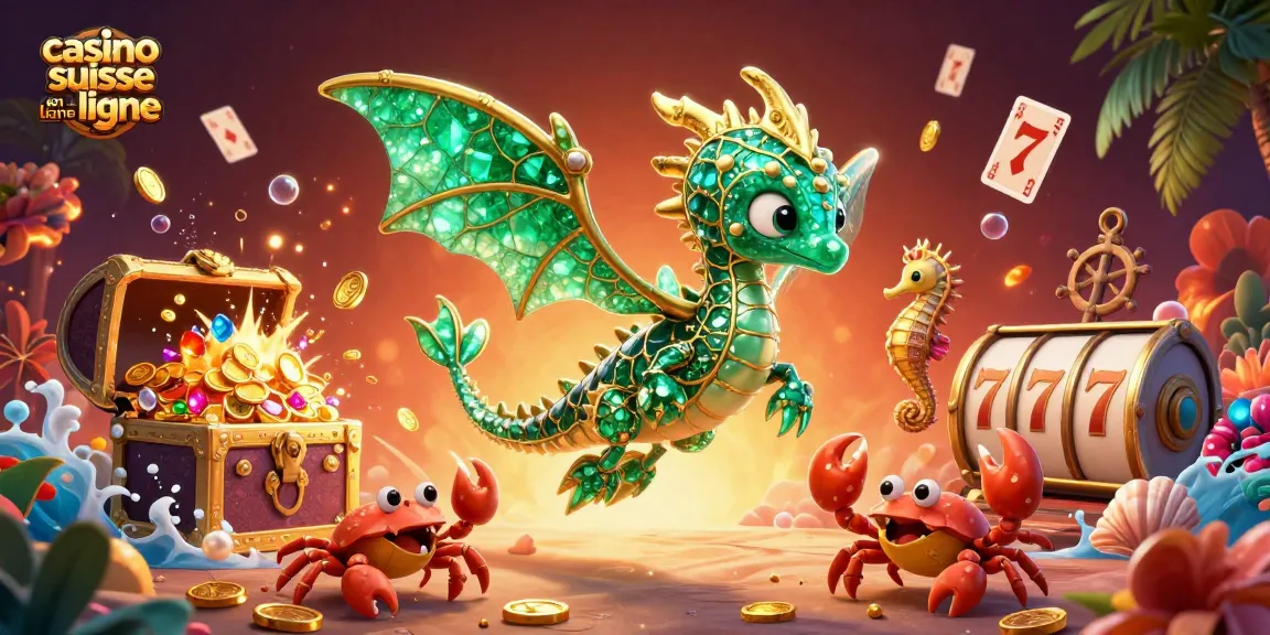 Illustration de casino suisse en ligne avec un dragon marin, des trésors et des cartes flottantes.