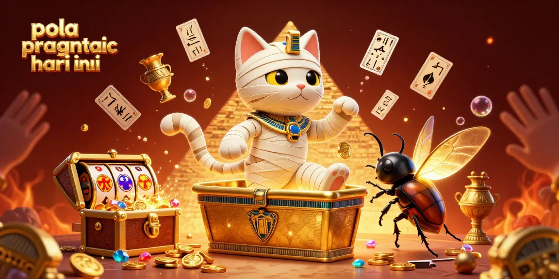 Pola pragmatic hari ini showcases slot games with a charming mummy cat bursting from a gold sarcophagus.