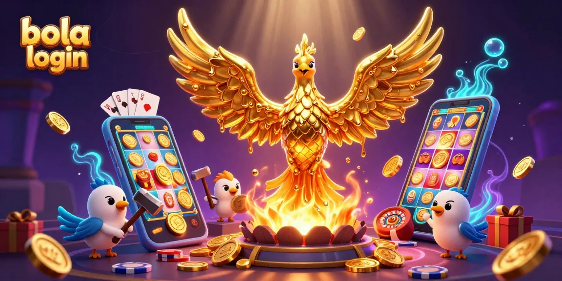 Exciting bola login scene with a golden phoenix and casino elements erupting with winnings.