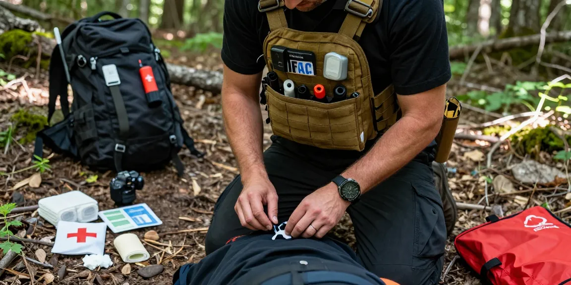 MOLLE IFAK pouch with tourniquet in use during an outdoor emergency response, featuring first responder assisting injured hiker.