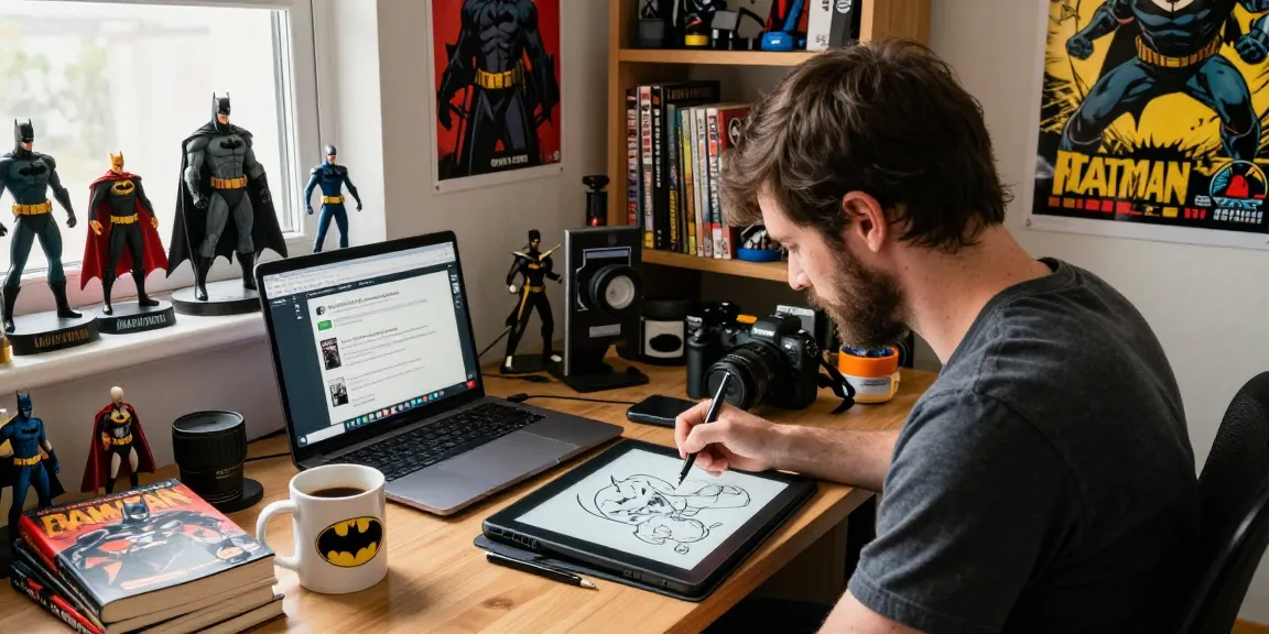 Passionate artist creating Batman artwork at home office batmanloyal.com