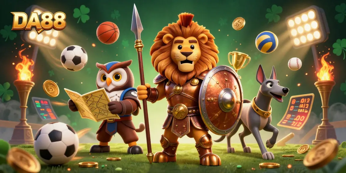 Experience the thrill of DA88 with a heroic lion and dynamic sports elements in this captivating illustration.