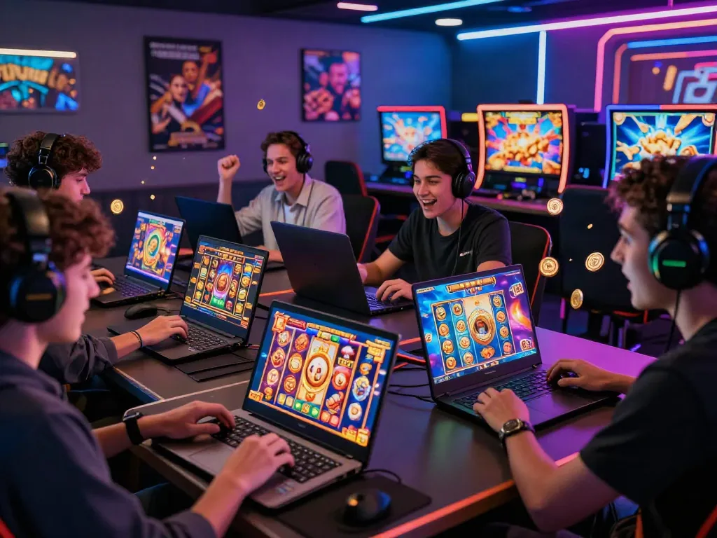 Players enjoying an exciting slot game experience in a vibrant online gaming lounge.