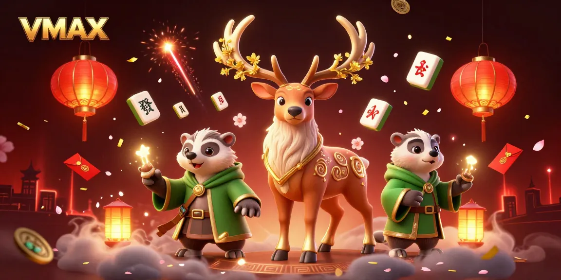 Experience VMAX gaming excitement with animated characters, mahjong tiles, and festive elements.