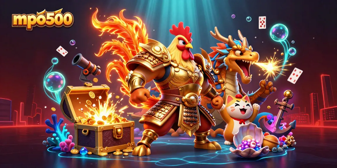 Bet on mpo500 with fierce cartoon characters celebrating wins amid gold coins and gems.