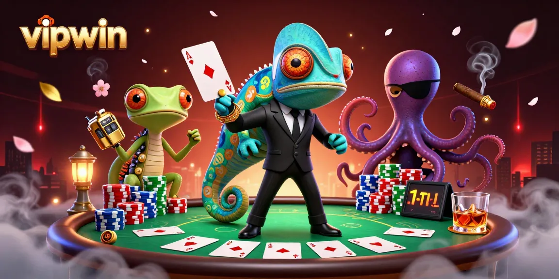 Experience thrilling poker action with vipwin's vibrant 3D illustration showcasing a secret agent chameleon and more.