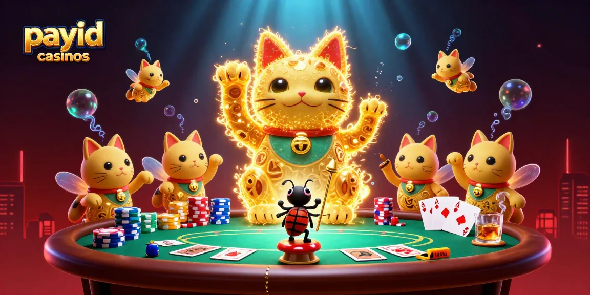 Experience the excitement of payid casinos with a golden lucky cat and vibrant gaming elements.