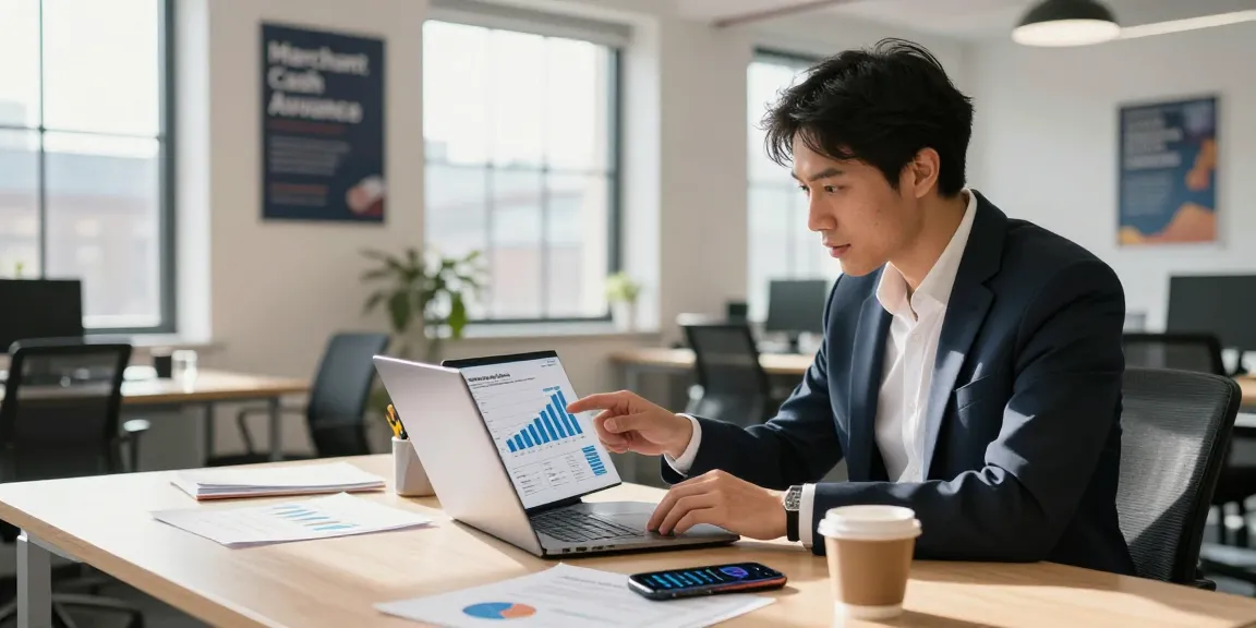 Entrepreneur reviewing financial reports related to merchant cash advance London in a bright office.