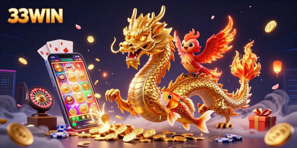 33WIN players immerse in thrilling games with a dazzling dragon, phoenix, and koi fish.