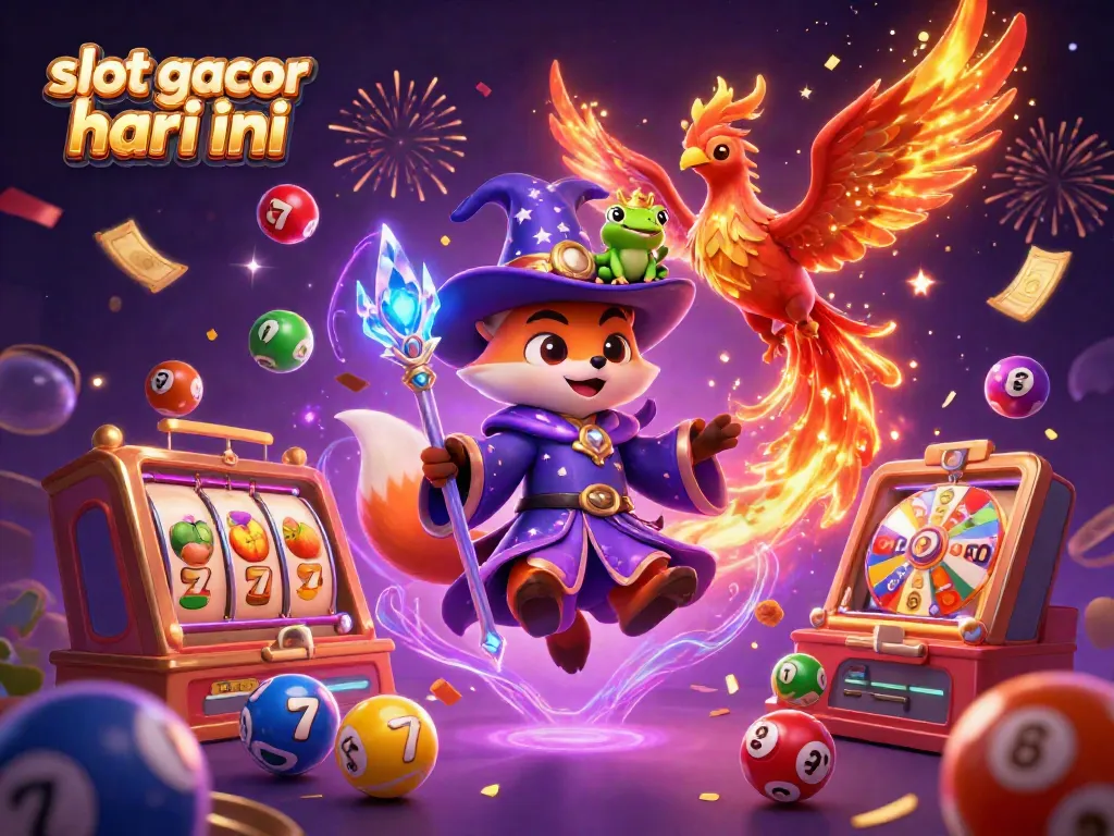 Menghadirkan slot gacor hari ini, ilustrasi 3D dengan karakter sihir dan elemen slot yang dinamis.