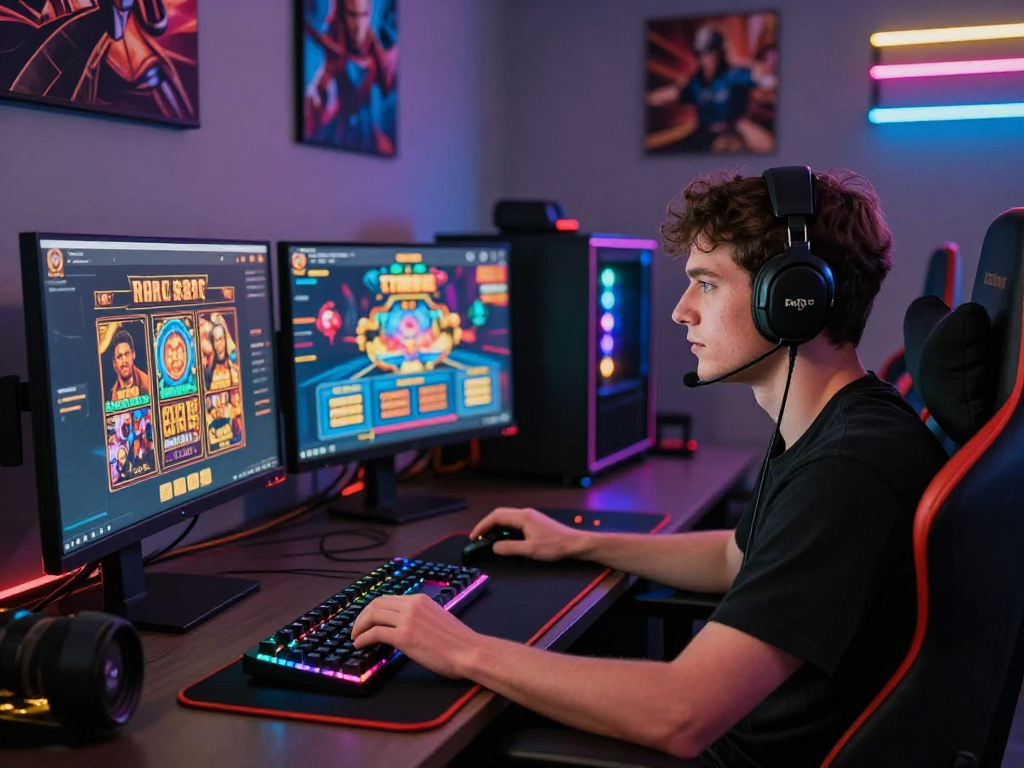 Engaged player at situs raja328 gaming platform, surrounded by advanced gaming setup