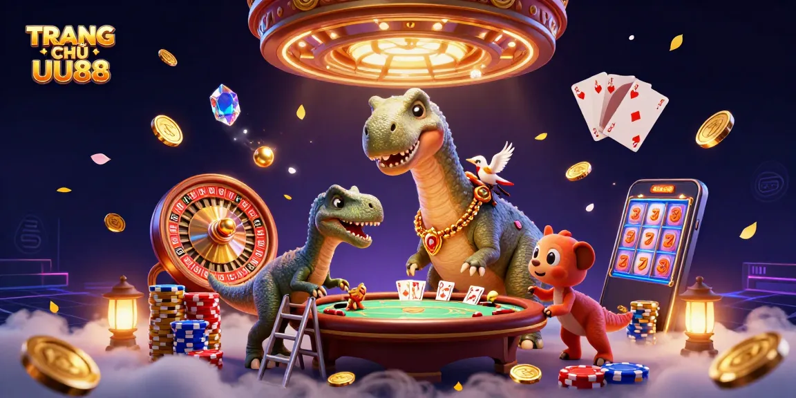 Experience excitement at TRANG CHỦ UU88 with an engaging 3D casino scene featuring vibrant characters and dynamic gaming elements.