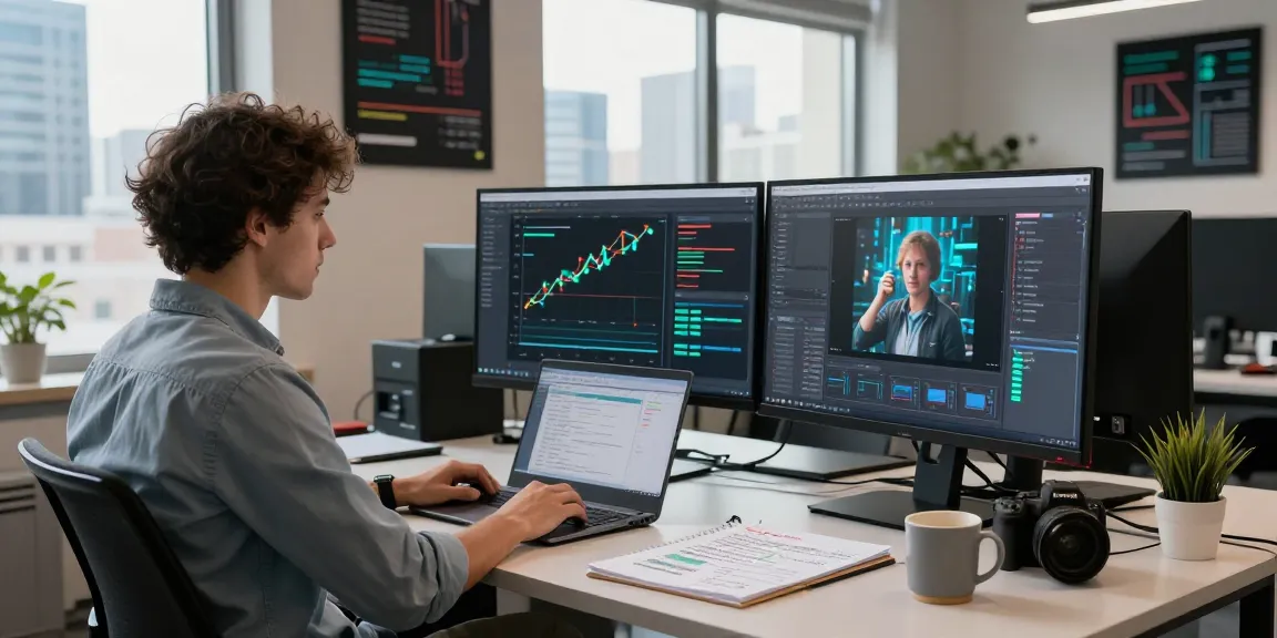 Free ai image detector workspace showing an analyst using multiple screens with AI algorithms and insights.