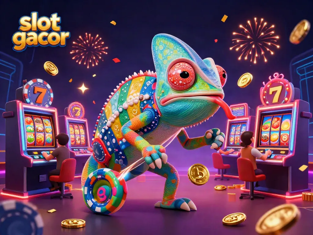 Experience the excitement of slot gacor with vibrant chameleon casino owner and busy slot machines.