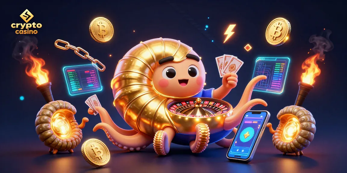 Les joueurs profitent d'un crypto casino avec un nautilus géant, des pièces Bitcoin et des effets lumineux.