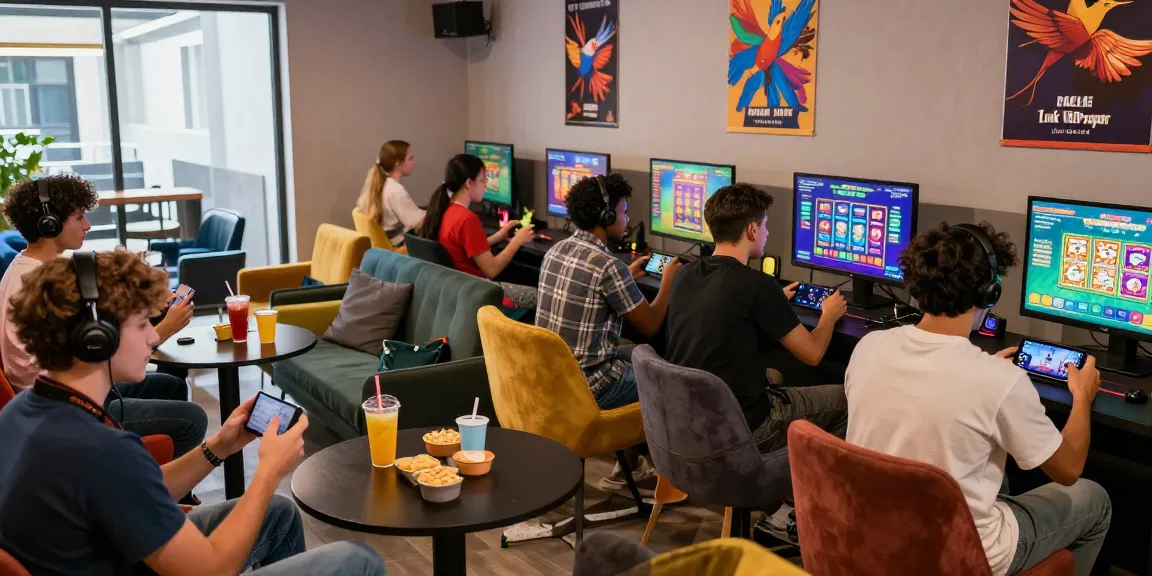 Engaging HAHA178 login scene with gamers enjoying vibrant gaming lounge ambiance, showcasing mobile devices and lively interactions.
