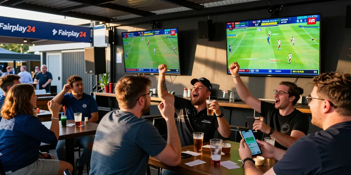 Excited fans engaging in cricket betting on Fairplay24 at a lively outdoor sports bar.