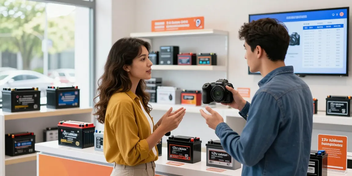 Customer exploring 12V Lithium Battery options in a vibrant e-commerce store